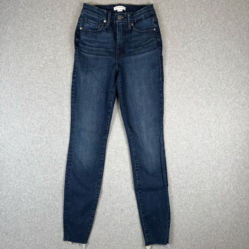 Good American Womens 0/25 Skinny Fit Denim Jeans Blue Raw Hem Organic Cotton